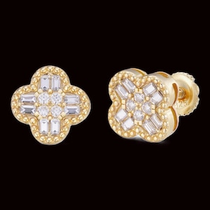 Men's Women's 10mm Baguette Clover Earrings ~ MOISSANITE 14k Gold Vermeil over 925 Sterling Silver Screw Back Closure, PASSES DIAMOND Tester