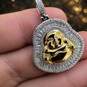 Iced Out Moissanite Buddha Pendant, Two Tone Sterling Silver, Gold Finish image 1
