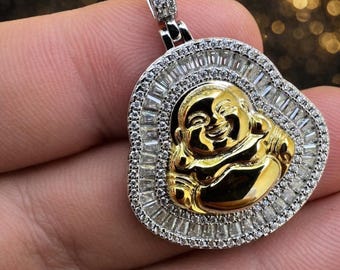 Iced Out Moissanite Buddha Pendant, Two Tone Sterling Silver, Gold Finish