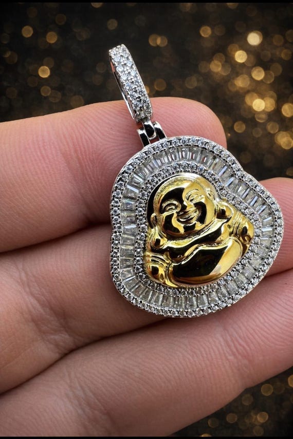 Iced Out Moissanite Buddha Pendant, Two Tone Sterling Silver, Gold Finish