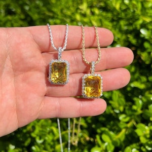 Men s Women s Rectangular Moissanite Simulated Yellow Topaz Pendant 925 Sterling Silver Rhodium Gold Finish Passes Diamond Tester p m 97