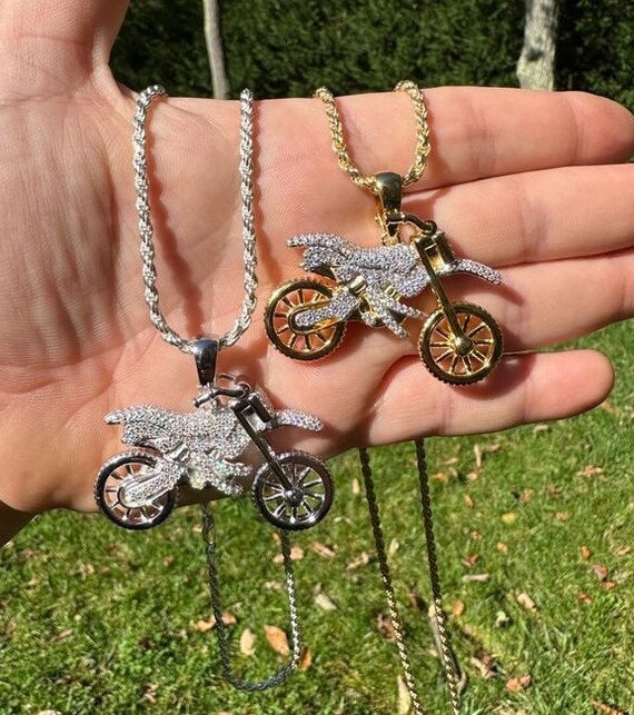 Iced Moissanite Motorcycle Pendant: Sterling Silver Biker