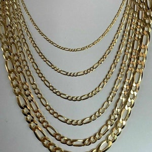 Mens Womens Solid 925 Sterling Silver with 14k Gold Plated Finish Diamond Cut Figaro Chain Necklace 2.5mm - 16mm, 16&quot;-30&quot; OR Bracelets 6&quot;-9&quot;