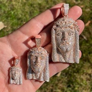 Super Iced Out MOISSANITE Jesus Pieces in 3 Sizes! Rose Gold Vermeil over Solid 925 Sterling Silver, PASSES DIAMOND Tester!!! P-M-26