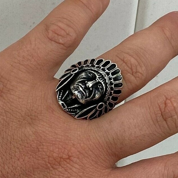 Custom Made Men's Oxidized Solid 925 Sterling Silver Native American Indian Chief Head Pinky Ring Sizes 6-13