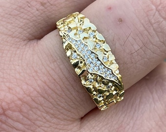 Men&#39;s Women&#39;s Claw Mark Iced Out NUGGET Pinky Ring 14k Gold over Solid 925 Sterling Silver Custom Made, Sizes 6-13 available....R206