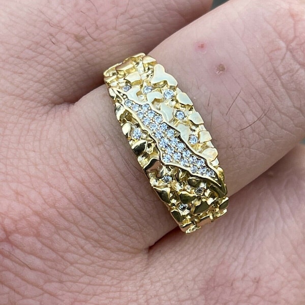 Men's Women's Claw Mark Iced Out NUGGET Pinky Ring 14k Gold over Solid 925 Sterling Silver Custom Made, Sizes 6-13 available....R206