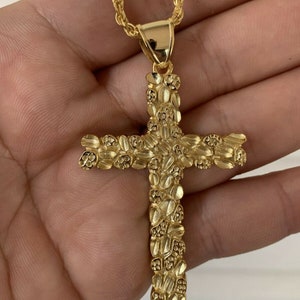 Solid 925 Sterling Silver Mens Nugget Cross Jesus Crucifix Pendant Iced Out 14k Gold Finish