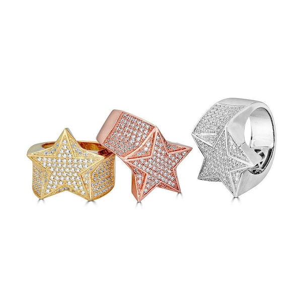 Men's Iced Out CZ Simulated Diamond 3D Star Ring - 14K Gold Plated Hip