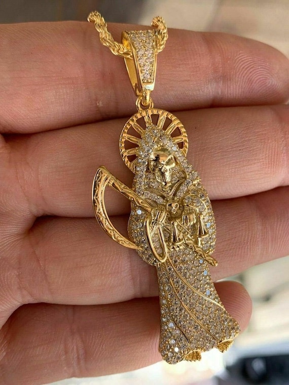 Big real 14k yellow Gold santa muerte grim reaper pendant angel of death  2.75