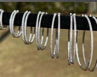 Damen Mädchen Handmade 925 Silber Endlos Creolen Inside Out Diamant Huggie 18-50 mm