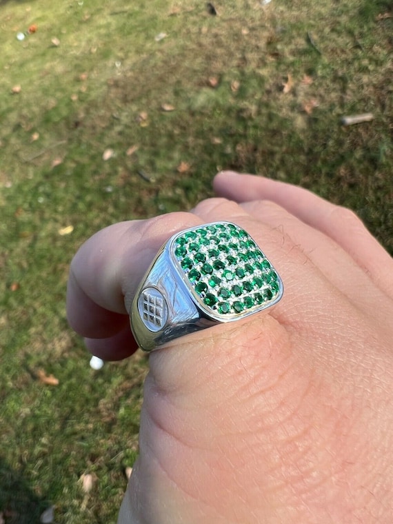 Men's Real Solid 925 Sterling Silver Icy Green Emerald Square
