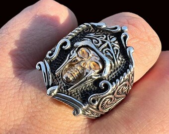 Oxidized Sterling Silver Viking Skull Ring: Draugr Warrior