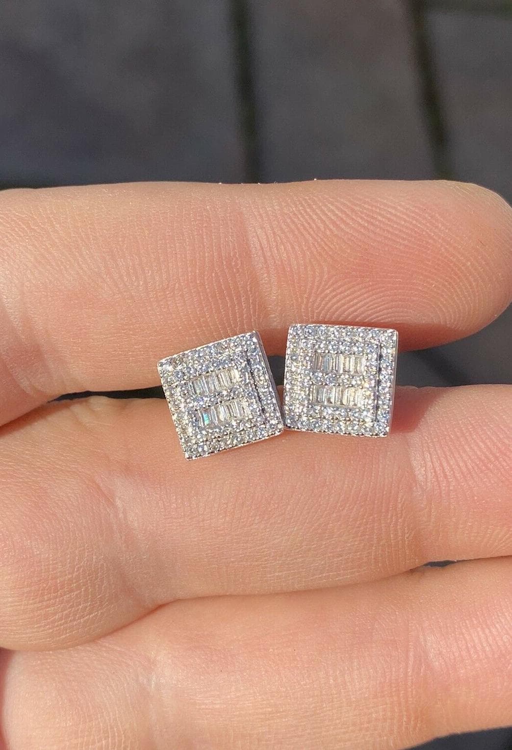 Iced Out Baguette Stud Earrings: 14k Gold Over Sterling Silver, Hip Hop Style