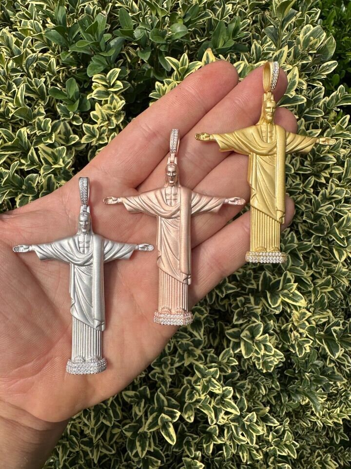 Moissanite Christ the Redeemer Pendant: Sterling Silver Rio De