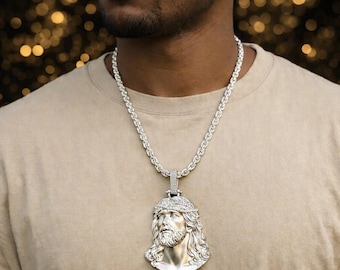 Moissanite Jesus Pendant, Solid Sterling Silver, Matte Finish