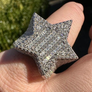 Men&#39;s or Women&#39;s Baguette MOISSANITE Iced Out Star Ring, Solid 925 Sterling Silver Passes DIAMOND TESTER!!! Sizes 6 thru 13