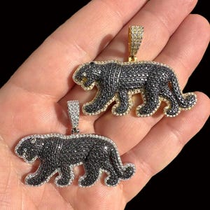 Moissanite Black Panther Pendant, Solid 925 Sterling Silver with Rhodium or 14k Gold Vermeil Finish, 2" x 1.5", PASSES DIAMOND TESTER!!!