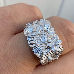 Men&#39;s Custom Iced out NUGGET Pinky Ring Solid 925 Sterling Silver, Hip Hop Rapper Icy, Sizes 7-13.....R54