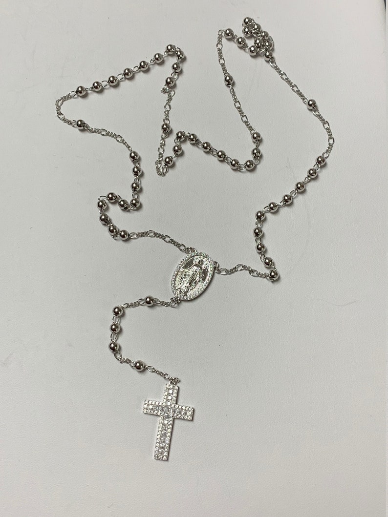Men/'s Women/'s Custom made Solid 925 Silver Iced Out Baguette Rosary Beads Necklace Rosario 4mm beads