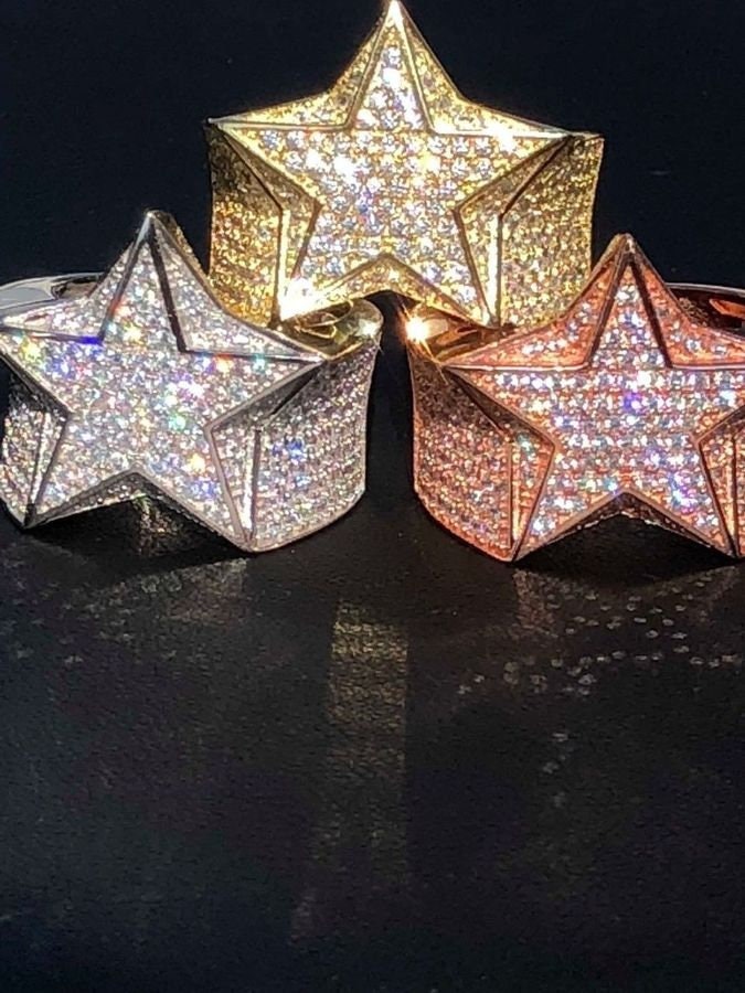 Heren Iced Out CZ Gesimuleerde Diamanten 3D Ster Ring - 14K Vergulde Hiphop Bling Pentagram Zirkoon Ring - Sprankelende Strass Rapper Street Rock Sieraden(Silver,10