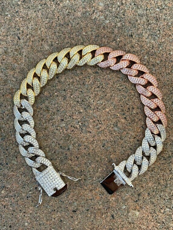 Men s Tri color 925 Sterling Silver gold rose 12mm Curb Cuban Link