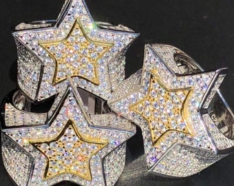 Custom Handmade 3-D Star Hip Hop Pinky Ring Solid 925 Sterling Silver 14k Gold Inlay Simulated Diamonds, Sizes 7-13