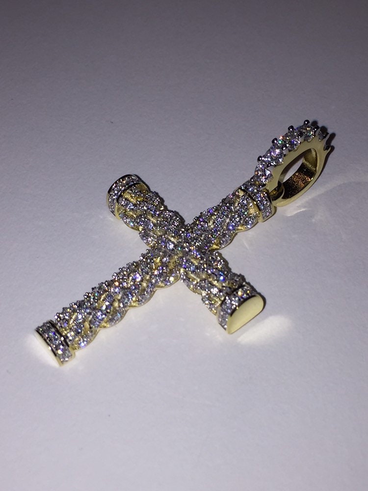 Italiano Silver Braided Rope Cross Pendant 1ct CZ - 14k Gold Plated 925 Silver W/ Chain