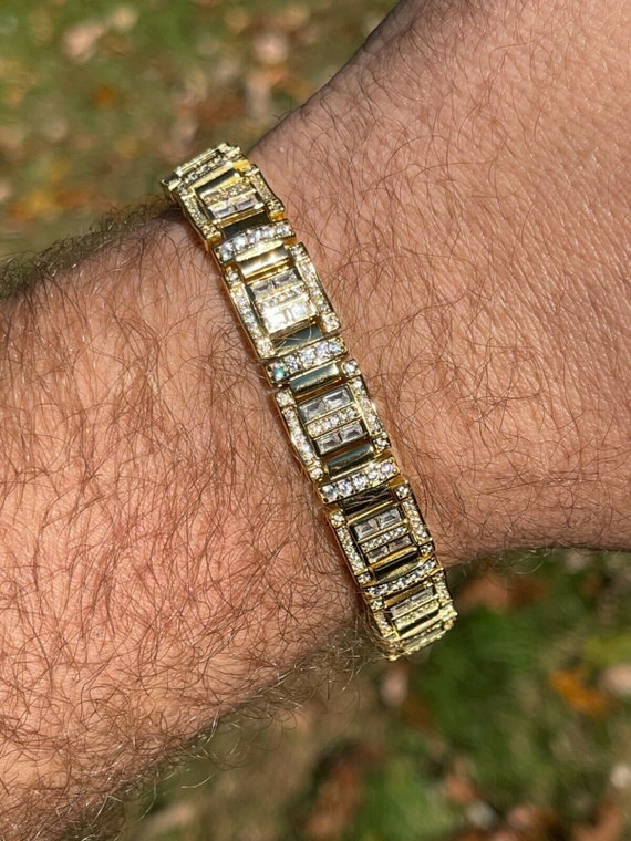 Men\'s Unique Custom Made Iced Out 11.5mm Baguette 14k Gold Vermeil Over  Solid 925 Sterling Silver Bracelet Available in 7 or 8.5 Lengths - Etsy