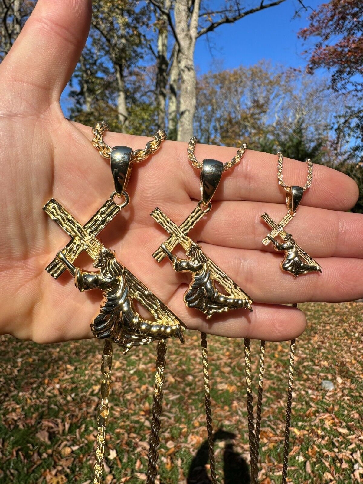 14k Gold Rope Chain Necklace Jesus Cross Charm Pendant CZ Set 18