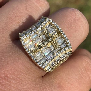Men&#39;s Custom Made 14k Yellow Gold over 925 Sterling Silver Iced Out Baguette Diamond Pinky Cross Crucifix Jesus Ring Sizes 7-13