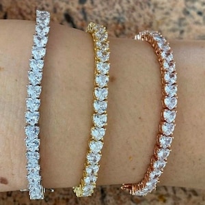 SOLID 925 Sterling Silver 4mm Tennis Bracelet Single Row Heart Shaped Diamond 7&quot;