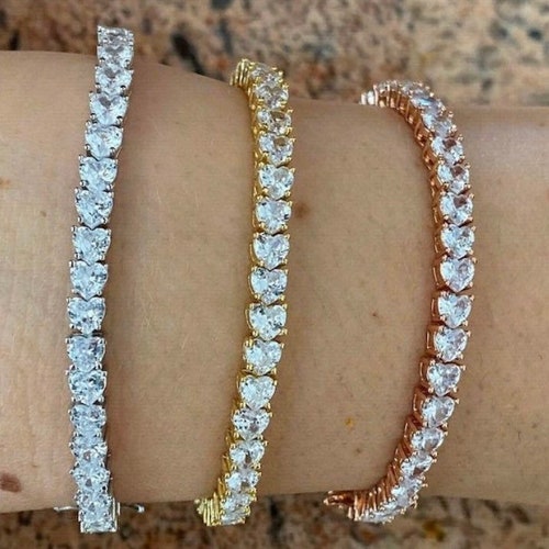 Solid 925 Sterling Silver 4mm Tennis Bracelet Single Row Heart Etsy