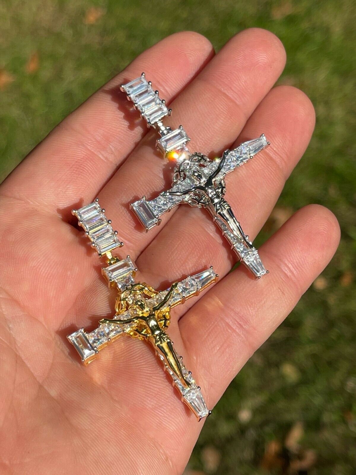 Ciondolo Croce In Argento 925 Con Zirconi Bianchi Taglio Baguette E Brillante