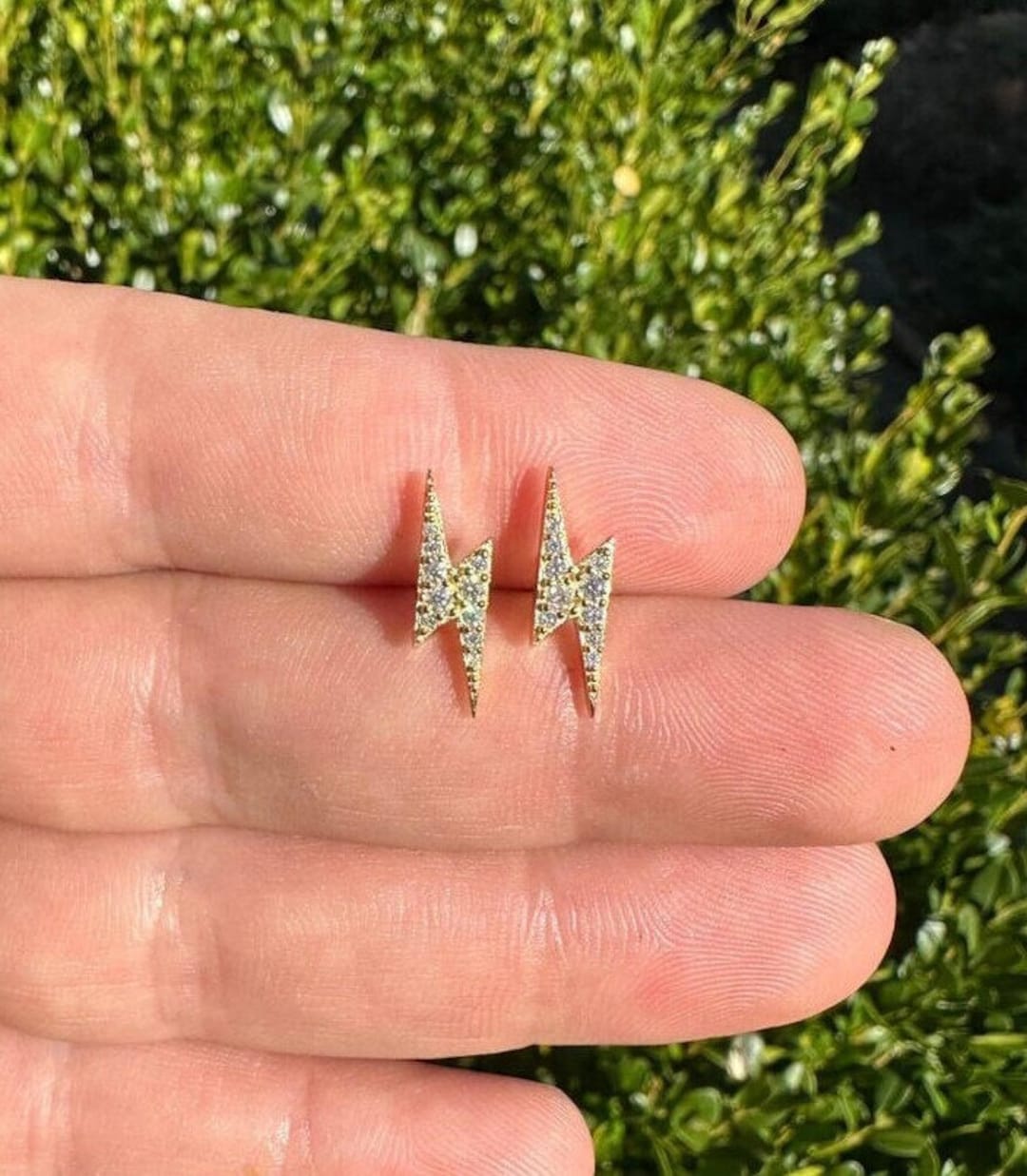 Moissanite Lightning Bolt Stud Earrings: 14k Gold Over Sterling