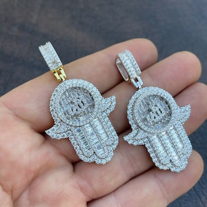 925 Sterling Silver Iced Out Simulated Diamond Hip Hop Hamsa Hand of Fatima Pendant w/Islamic Allah Sign Rhodium or 14k Yellow Gold Finish