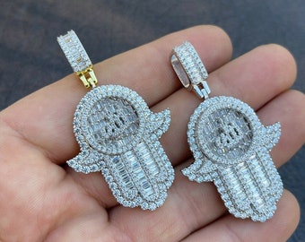 925 Sterlingsilber Iced Out Simulierter Diamant Hip Hop Hamsa Hand von Fatima Anhänger mit islamischem Allah Zeichen Rhodium oder 14k Gelbgold Finish