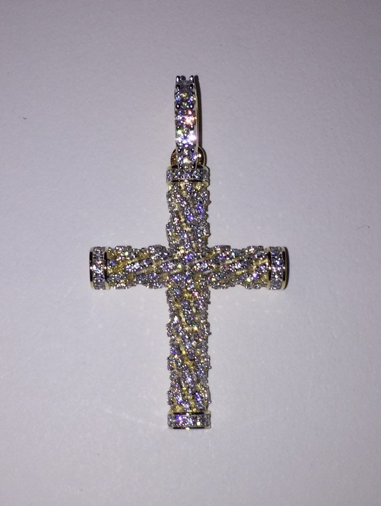 Braided Rope Cross Solid 925 Silver w/14K Gold Finish & 1 ct. CZ