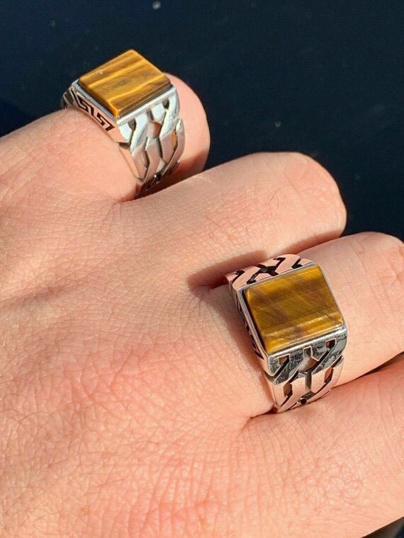 Solid 925 Sterling Silver Men's Tiger's Eye Signet Ring Round Pinky Size 7-13