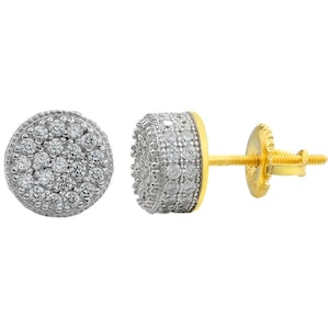 Men&#39;s Women&#39;s 14k gold over 925 Sterling Silver Iced Out Hip Hop Round Diamond Stud Cluster Earrings 9mm Screw Back....ER-07