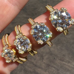 Women&#39;s 1.2ct-4.2ct Real MOISSANITE Halo Setting Engagement Promise Ring 14k Gold over 925 Sterling Silver PASSES DIAMOND Tester! Sizes 4-10