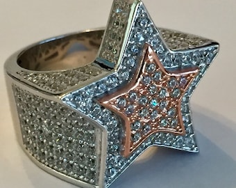 MEN 925 STERLING SILVER ICY BLING CZ GOLD PLATED/SILVER 3D STAR SHAPE RING* SR107 - Foto 6