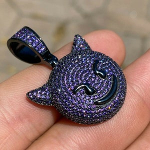 Custom Made Solid 925 Sterling Silver Iced Out Purple Simulated Diamond Hip Hop Devil Face Emoji Pendant image 2