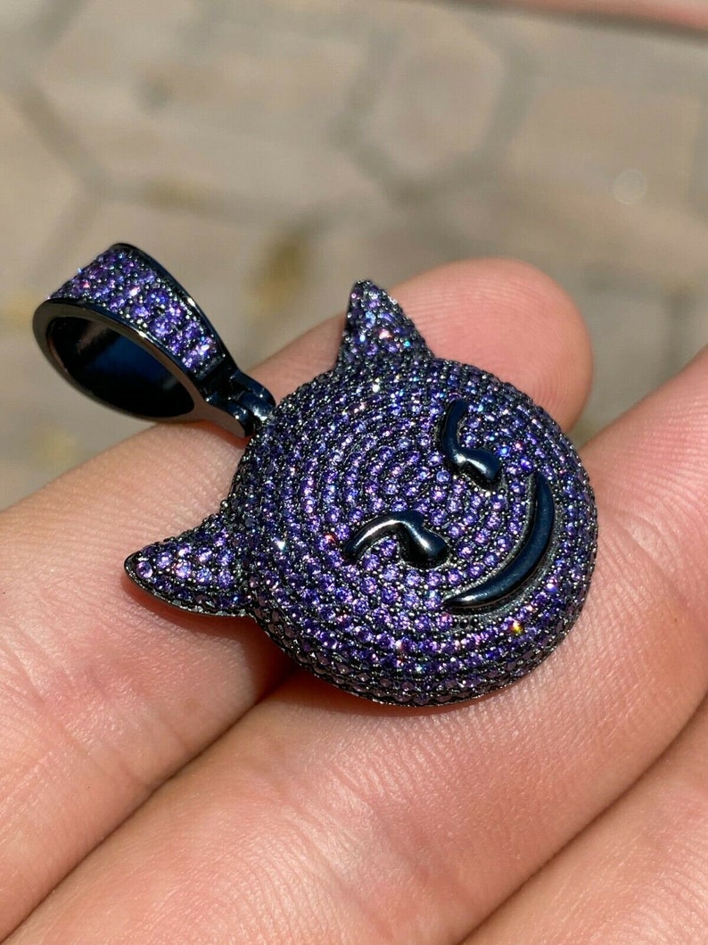 Custom Made Solid 925 Sterling Silver Iced Out Purple Simulated Diamond Hip Hop Devil Face Emoji Pendant image 2