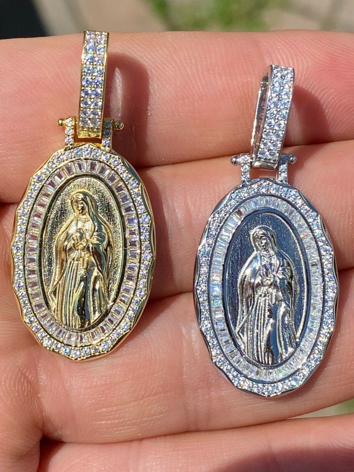 Solid 925 Sterling Silver Men's Women's Virgin Mary Baguette Diamond Medallion Pendant in 14k Yellow Gold or Rhodium Finish, 2mm Rope Chain