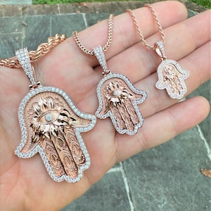 Men&#39;s Women&#39;s Moissanite Hamsa Pendants 3 Sizes, 14k Rose Gold Vermeil Over Solid 925 Sterling Silver, PASSES DIAMOND TESTER!!