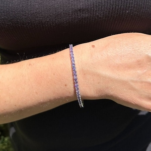 Women&#39;s or Men&#39;s 3mm Real SOLID 925 Sterling Silver Iced Out Simulated Purple Amethyst Tennis Bracelet 6&quot; through 8.5” lengths