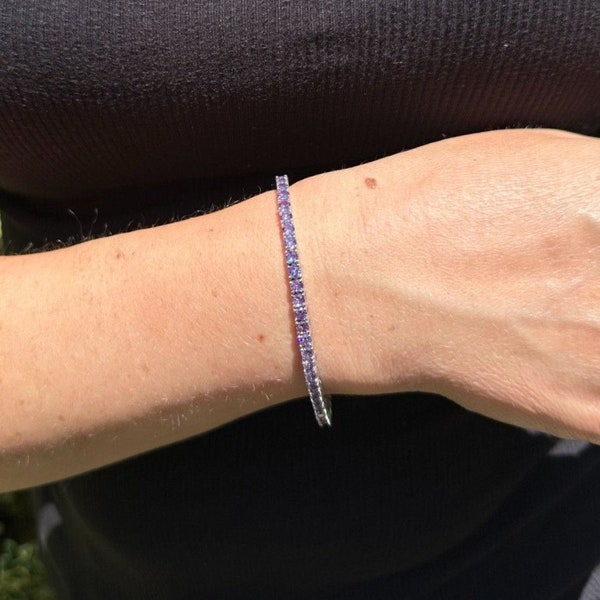 Bracelet tennis en argent sterling massif 925 véritable de 3 mm pour femme ou homme, glacé simulé en améthyste violette, de 15 cm à 20 cm (6 po. à 8,5 po.)