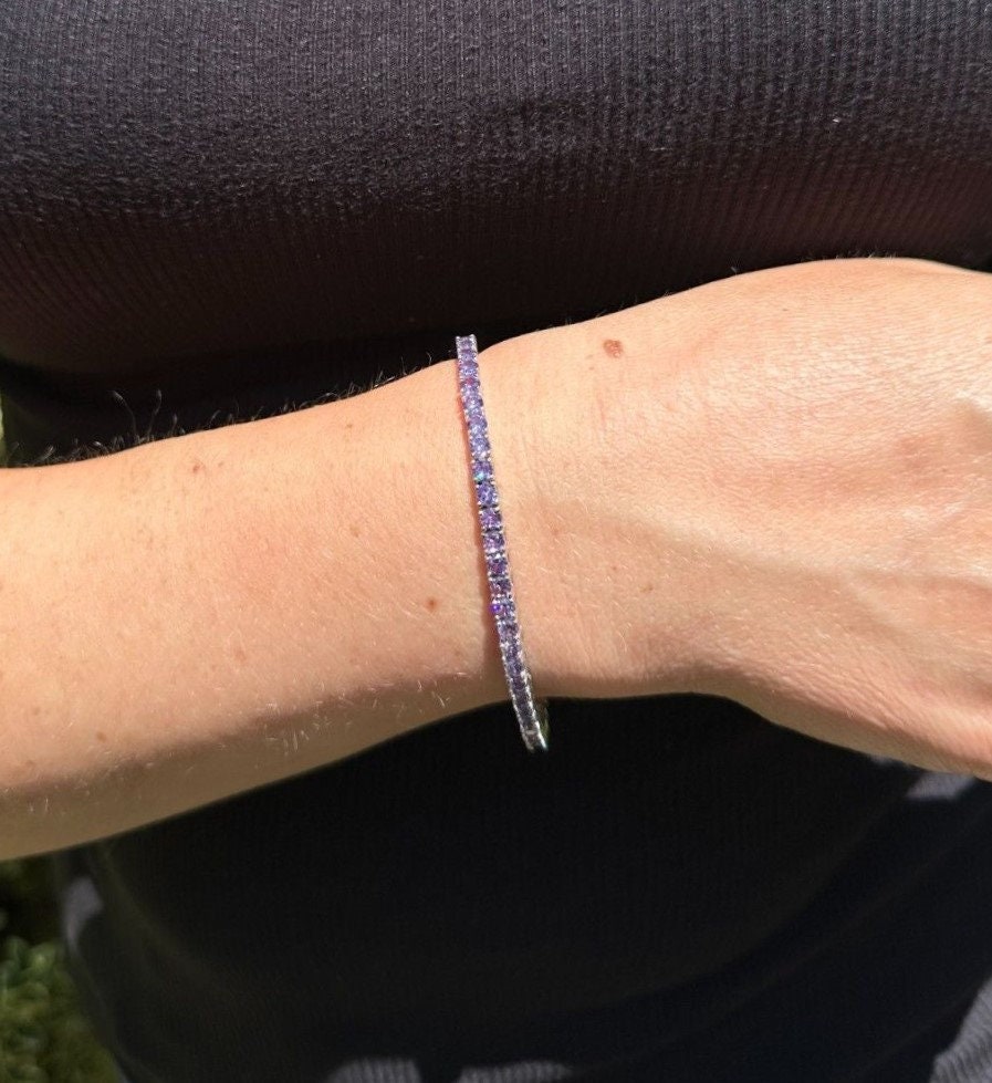 Women's or Men's 3mm Real SOLID 925 Sterling Silver Iced Out Simulated Purple Amethyst Tennis Bracelet 6" through 8.5” lengths
