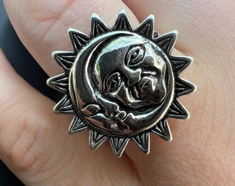 Bague soleil et lune en argent sterling oxydé : bijoux célestes bohèmes